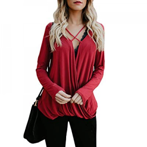 One Day Only！Nulibenna Womens Criss Cross Long Sleeve V Neck Drape Front T Shirt Casual Tunic Blouse