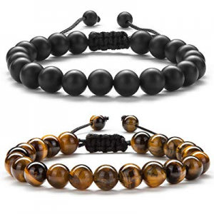 One Day Only！50.0% off Hamoery Men Women 8mm Tiger Eye Stone Beads Bracelet Braided Rope Natural Sto
