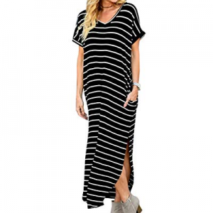Mafulus Womens Striped Maxi Dresses Casual V Neck Loose Side Slit Summer Dress with Pockets now 50.0