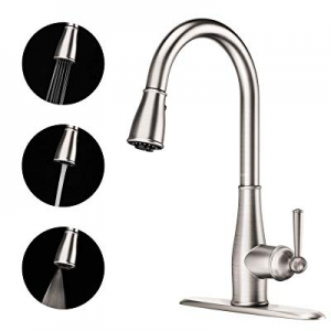 Full Copper Kitchen Faucet - 3 Function Spray Single Handle High Arc Brushed Nickel Pull out Kitchen