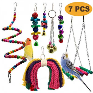 PETUOL Bird Parrot Toys now 30.0% off , 7 Packs Bird Swing Chewing Hanging Perches with Bells Finc..