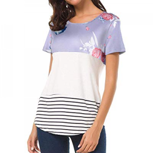Finyosee Women's Short Sleeve Scoop Neck Floral Print Stripes Color Block Casual Comfy Blouse now ..