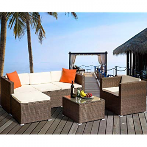 Tenozek 6 Pieces Outdoor Sectional Sofa Patio Furniture Set Wicker Rattan Conversation Set (Brown ..
