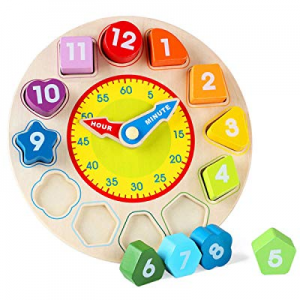 Joqutoys Wooden Shape Sorting Clock Puzzle Teaching Time Number Blocks Educational Toy for Kids no..