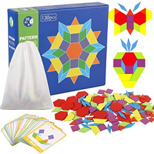 20.0% off Joqutoys 130 Pieces Wooden Pattern Blocks with 24 Design Cards Counting Educational Toy ..