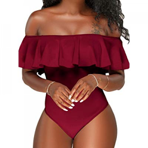 40.0% off Sherrylily Womens Off The Shoulder Ruffled Swimsuits One Piece Tummy Control Monokini Ba..