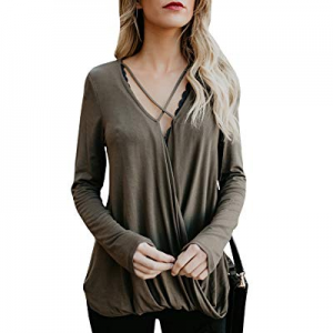 Nulibenna Womens Criss Cross Long Sleeve V Neck Drape Front T Shirt Casual Tunic Blouses now 50.0%..