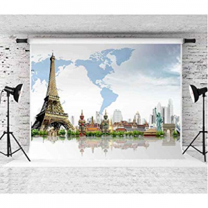 50.0% off EARVO 7x5ft Vacation Travel Themed Party YouTube Backdrop Map Statue of Liberty Eiffel T..