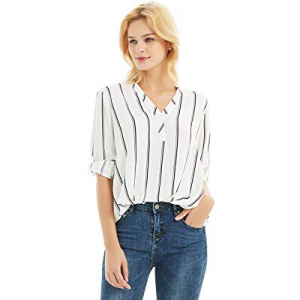 50.0% off Basic Model Womens Striped Button Down Lapel Shirts Roll Up Long Sleeve Blouses Casual V..