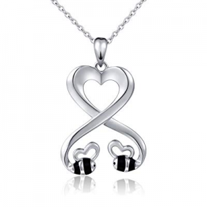 One Day Only！925 Sterling Silver Double Bees Infinity Love Heart Pendant Necklace for Girlfriend, ..
