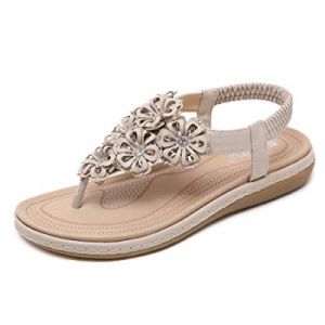 One Day Only！Zicac Women's Rhinestone Thong Sandals Elastic Slingback Strap Flat Shoes now 35.0% o..