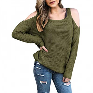 Farktop Womens Cold Shoulder Long Sleeve Sweaters Cute Knit Pullover Jumper Tops now 70.0% off 
