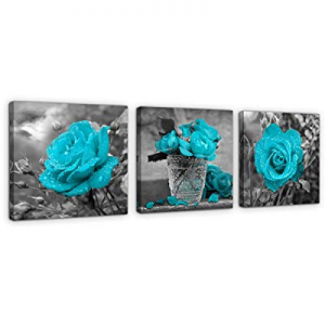 49.0% off Flower Canvas Wall Art Black and White Themed Teal Rose Flower Canvas Prints Wall Decor ..
