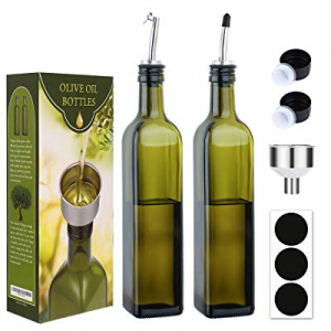 [2 PACK]Aozita 17 oz Glass Olive Oil Dispenser Bottle Set - 500ml Dark Green Oil & Vinegar Cruet B..