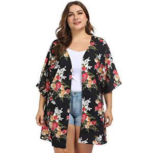 One Day Only！Women's Half Sleeve Beachwear Plus Size Floral Cover Up Swimwear Cardigan now 50.0% o..