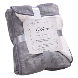 One Day Only！LITHER Sherpa Fleece Blanket Throw Size Grey Plush Reversible Lightweight Throw Blank..