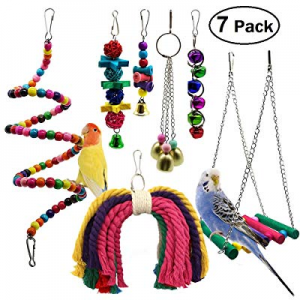 One Day Only！PETUOL Bird Parrot Toys now 30.0% off , 7 Packs Bird Swing Chewing Hanging Perches wi..