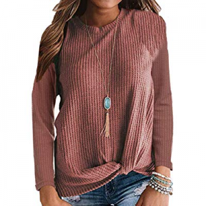 kigod Womens Casual Long Sleeve Knot Waffle Knit Tunic Blouse Cute Twist Shirts Tops now 45.0% off 