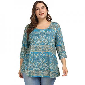 One Day Only！Women's Plus Size Swing Tunic Top 3/4 Sleeve Floral Flare Casual T-Shirt now 60.0% off 