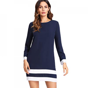 One Day Only！SheIn Women's Patchwork Striped Cuff Short Tunic Shift Dress Blue Large now 70.0% off 