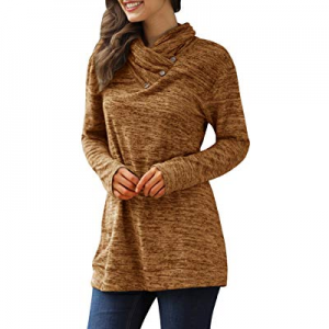 One Day Only！Womens Plus Size Tunic Sweatshirts Cowl Neck Tops Button Turtle Neck Top Pullover now..