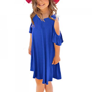 One Day Only！Aleumdr Ruffle Cold Shoulder Dress for Little Girls Casual Loose Tunic Shirt Dress 4-..