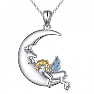 Ladytree Crescent Moon Angel Necklace 925 Sterling Silver Cute Baby Angel Jewelry Gifts for Girls ..
