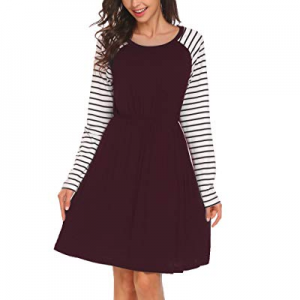 One Day Only！ELESOL Women Striped Long Sleeve Elastic Waist A-Line Knee Length Casual Dress now 75..