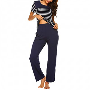 One Day Only！20.0% off Ekouaer Womens Pajama Set Short Sleeve Nightshirt Top Pants Striped Soft Bu..