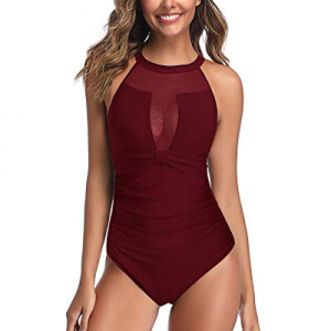 One Day Only！Holipick Women One Piece Swimsuit Mesh High Neck Tummy Control Ruched Swimwear now 40..