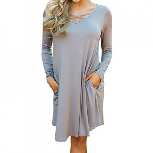 One Day Only！Women's V Neck Criss Cross Casual T Shirt Dress Long Sleeve Loose Tunic with Pocket n..