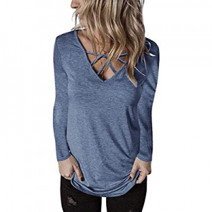 Women's Long Sleeve Criss Cross V Neck Basic Tee Shirts Casual Henley Workout Blouses Tops now 20...
