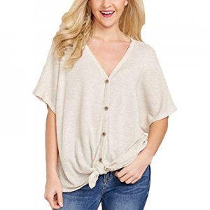 MAYBEYES V Neck Button Down Henley Shirt Loose Short Sleeve Tie Front Knot Blouse now 80.0% off 
