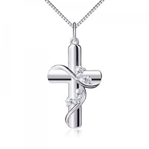 One Day Only！925 Sterling Silver Cubic Zirconia Faith Hope Love Cross Pendant Necklace for Women G..