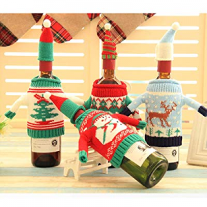 4 Sets Christmas Wine Bottle Cover Knit Sweater Wine Bottle Dress Santa Reindeer Snowman Wine Bott..