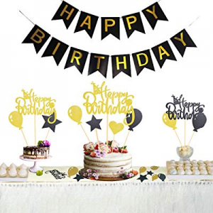 5.0% off Black and Gold Happy Birthday Banner and Cake Toppers with Glitter Letters “Happy Birthda..