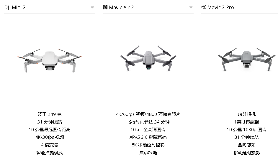 0更多详细的参数对比可前往官网查看!dji大疆无人机购买推荐1.